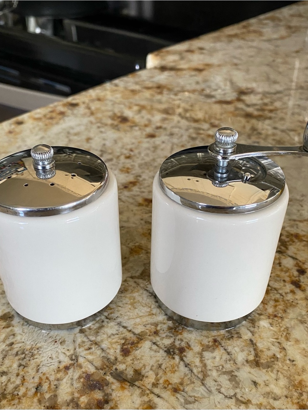 Vintage White Ceramic Pepper Mill and Salt Shaker Set - Stainless Accent